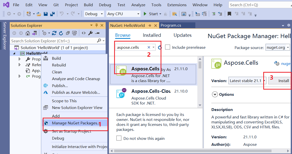 Instalar Aspose.Cells a través de NuGet